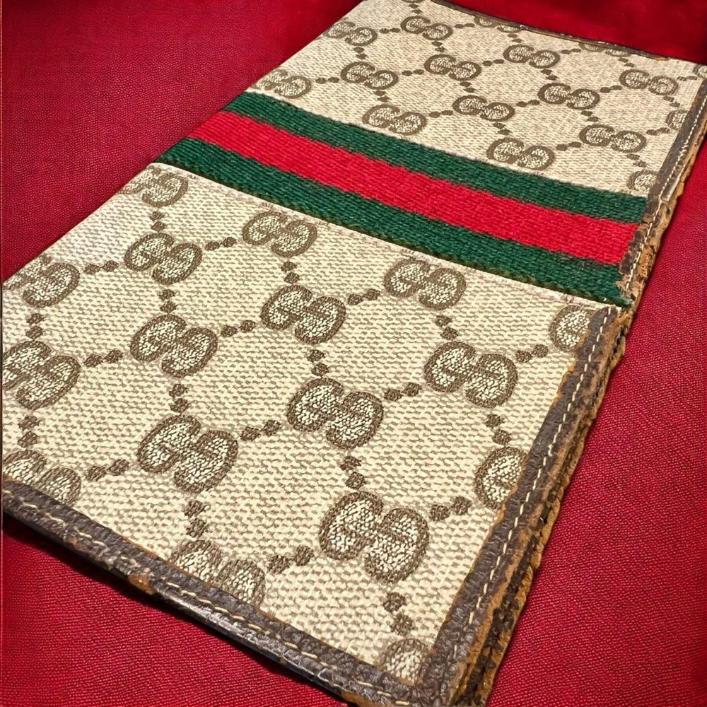 70’s Gucci Red & Green Stripe on Beige Gucci Logo Coated Canvas & Brown Leather - Picture 6 of 14